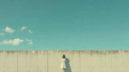 Obraz premium Woman in white dress stands facing a tall concrete wall under a clear blue sky.