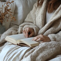 Cozy relaxation: young caucasian female reading in bed with knit blanket