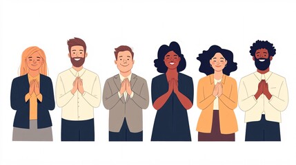 A diverse group of six professionals, expressing gratitude and positivity with hands together in a friendly gesture.
