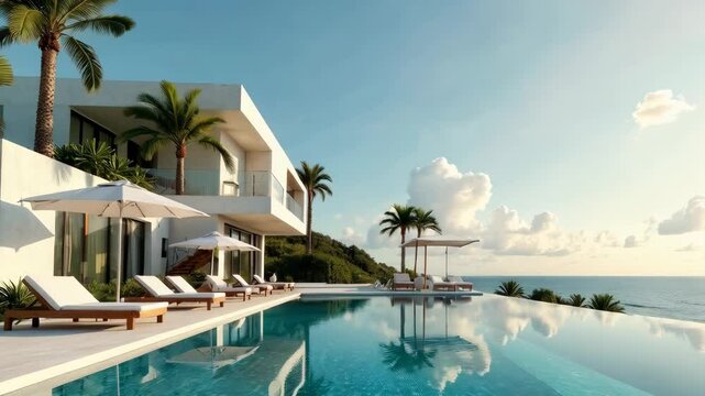 A serene view of a luxurious villa with an infinity pool, palm trees, and a breathtaking ocean view under a beautiful blue sky with fluffy clouds, designed for ultimate relaxation.
