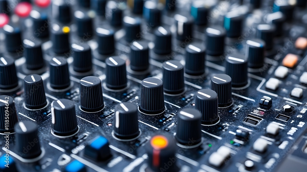 Poster closeup of a sound mixing console with numerous knobs