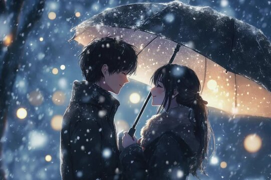 Anime couple embracing in the snow on a snowy night, symbolizing comfort and connection in a magical moment.