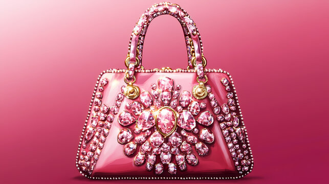 Stylish pink handbag featuring ornate rhinestone decoration and golden hardware, exuding a luxurious and glamorous vibe with its eye-catching sparkle. ai generated. Rainstone. Illustration