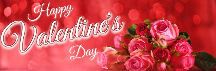 A bouquet of vibrant pink roses rests against a rich, sparkling red background with elegant cursive text wishing a Happy Valentine's Day, evoking love and warmth.