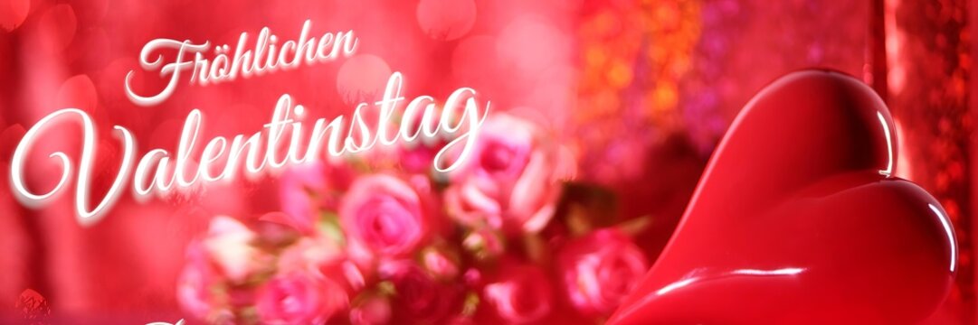 An evocative 'Fröhlichen Valentinstag' greeting with a shiny red heart and a charming display of pink roses on a festive red background, symbolizing love and joy.
