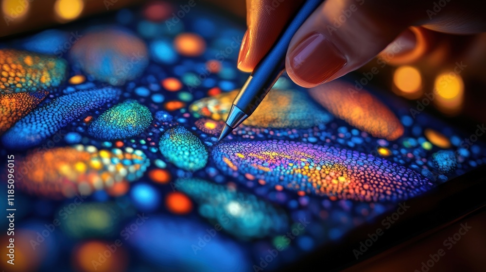 Poster close-up of a hand using a stylus to create vibrant digital art on a tablet.