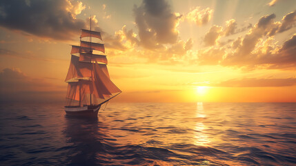 Fototapeta premium Majestic Sailing Ship at Sunset on the Open Sea - Tranquil Ocean Sunset Scene with Dramatic Clouds and Glowing Horizon