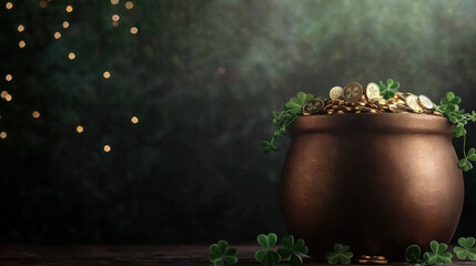 A rustic pot filled with coins, surrounded by greenery, set against a soft, illuminated background, evokes a sense of mystery and treasure.