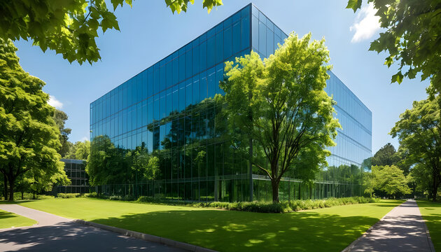 A contemporary office building with reflective glass windows and lush green trees surrounding it, basking in sunlight