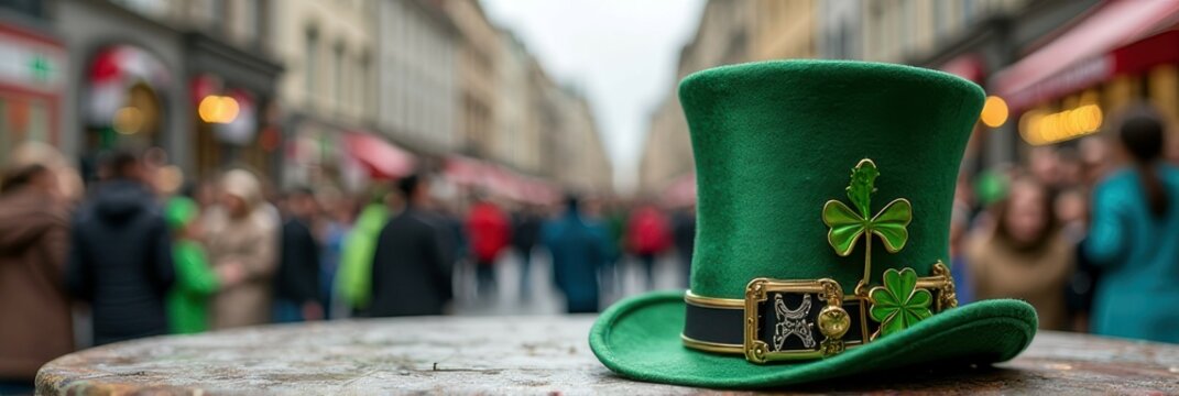 Green leprechaun hat with shamrocks on rustic table, festive street background