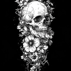 Skull and Flower Sleeve black and white illustration