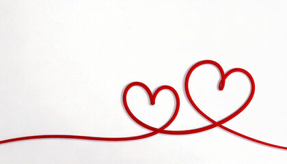 Valentine's Day - two red heart-shaped ribbons on white Background, top view, copy space