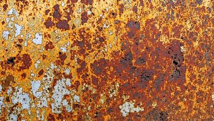 Rusted metal surface with layers of orange brown and dark red corrosion showcasing unique textures and industrial grit