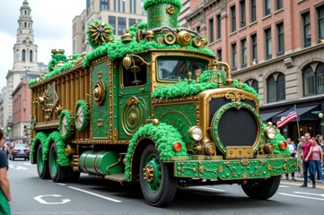 Naklejka premium Elaborate green and gold decorated truck driving through city street