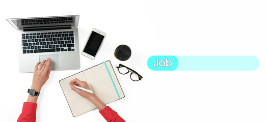 Job Search. Woman using laptop on white table with search bar, top view. Banner design