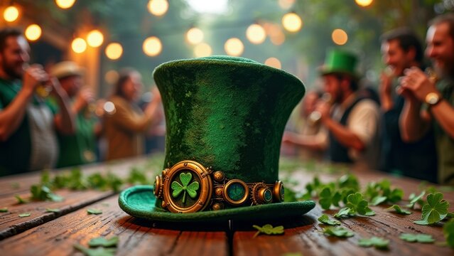 Green hat with shamrock emblem at festive celebration with friends and lights