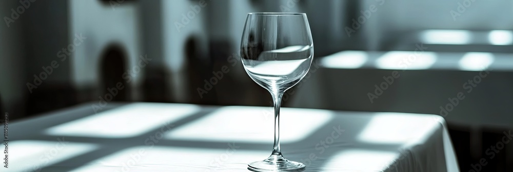 Poster elegant wine glass showcasing reflections on a pristine table in soft morning light