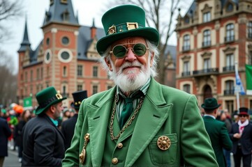Obraz premium Elderly caucasian man in green costume celebrating st. patrick's day parade