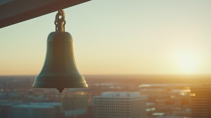 Une cloche suspendue au lever du soleil sur la ville, symbolisant le temps et le changement.