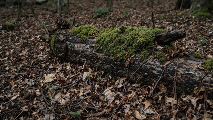 Fototapeta premium Tranquil forest floor with fallen leaves twigs and vibrant green moss highlighting rich textures and natural beauty