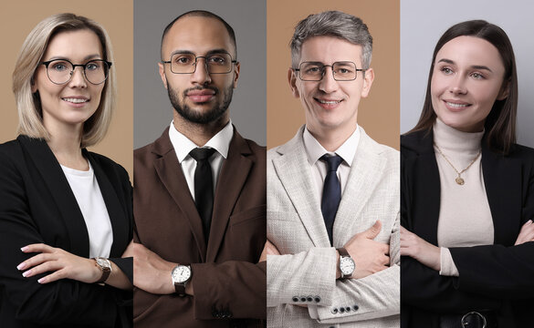 Business people, collage. Portraits on different colors backgrounds