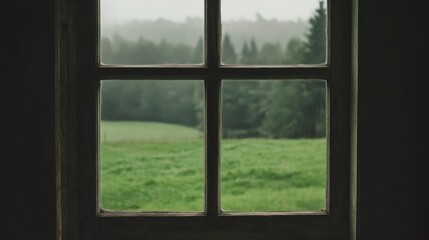 Rainy day view through rustic window pane showing green field and forest.
