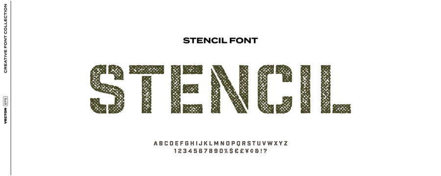 Stencil font with rugged,cut-out gaps and samp textured, weathered edges, blending grunge and urban styles for military, industrial, and street-style designs.