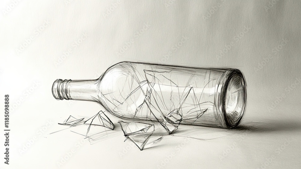 Aufkleber broken bottle outline showcases intricate geometry and jagged edges on a white canvas