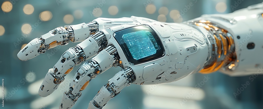 Poster close-up of a robotic hand with a digital display, showcasing intricate mechanics and futuristic des