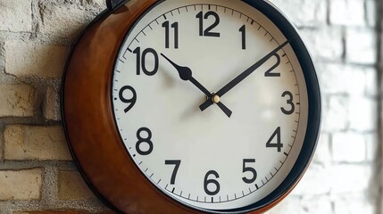 A wall clock displaying the time against a brick wall background.