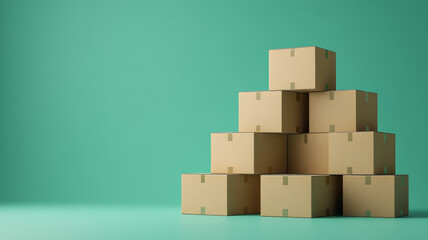 Fototapeta premium Stack of cardboard boxes on green background