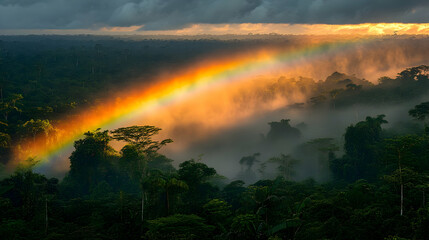 Naklejka premium Spectacular Rainbow Arcing Over a Misty Rainforest at Sunrise