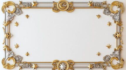 A decorative frame featuring intricate gold and silver designs with stars, suitable for certificates or artistic displays.