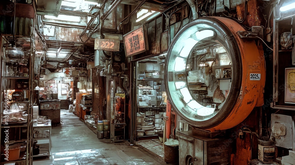 Poster a dimly lit alley filled with shops and a large circular window display.