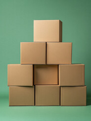 Fototapeta premium Stacked cardboard boxes on a green background