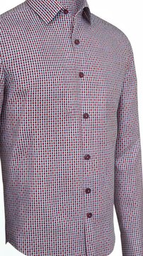 Long-sleeve shirt featuring a checkered pattern with shades of red and blue, suitable for casual or formal wear in a stylish setting