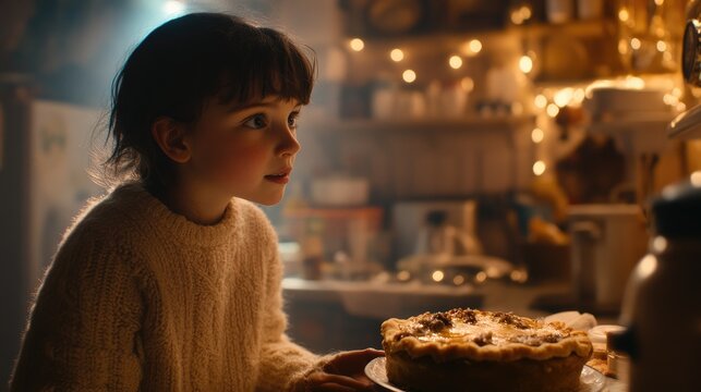 Un enfant &eacute;merveill&eacute; regarde une tarte fra&icirc;chement sortie du four dans une cuisine chaleureuse d&eacute;cor&eacute;e de lumi&egrave;res.