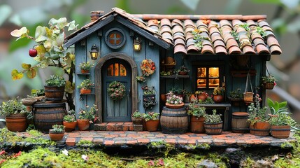 Fototapeta premium Miniature Cottage Garden House with Plants and Barrels