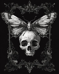 Skull and Moth black and white illustration