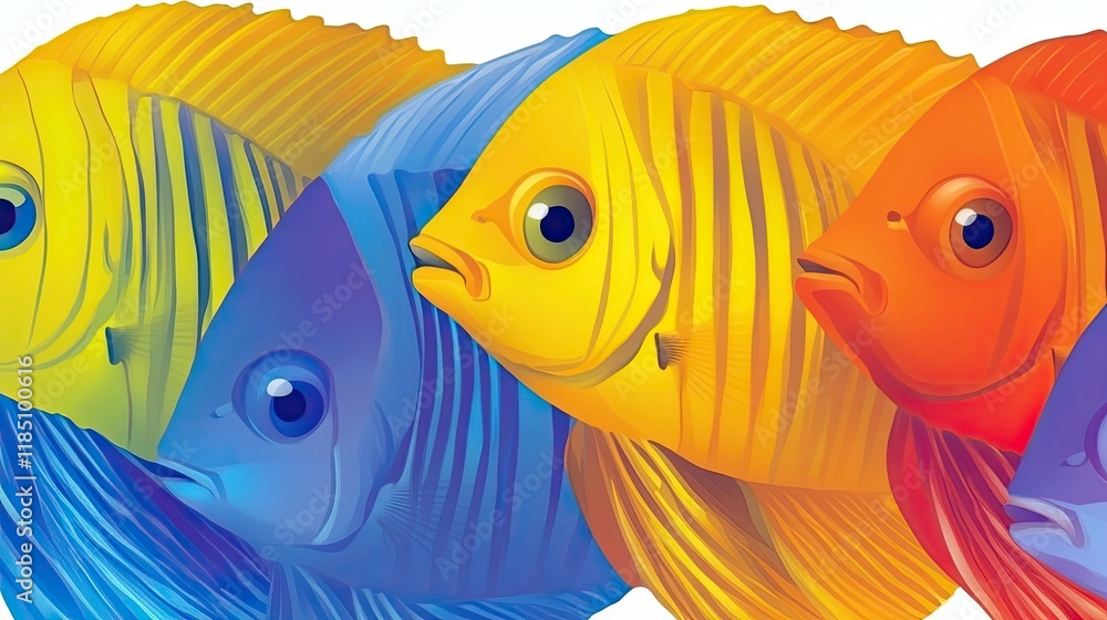 Poster vibrant fish display showcasing colorful designs in a bold vector art style