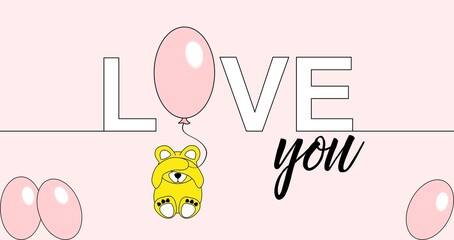Love word icon. Teddy bear cub sitting and holding a balloon. Illustration for Valentine's Day, Baby shower, It's a girl, Birthday © Gintare Stackunaite