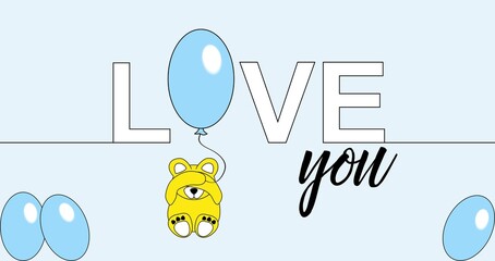 Love word icon. Teddy bear cub sitting and holding a balloon. Illustration for Valentine's Day, Baby shower, It's a boy, Birthday © Gintare Stackunaite