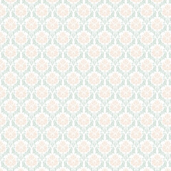 Minimal pastel damask seamless pattern with soft peach floral shapes on white. Ideal for gentle backgrounds, nursery décor, invitations, textiles, and elegant design.