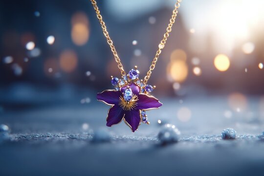 Un collier de fleurs violettes orn&eacute; de pierres pr&eacute;cieuses scintille dans la lumi&egrave;re douce de l'hiver.