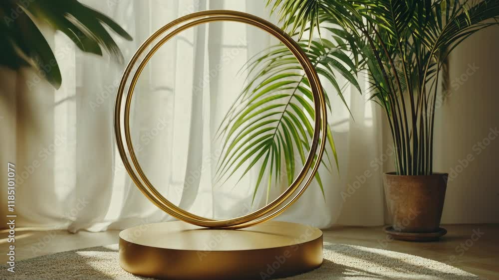 Poster elegant display of circular sculpture with greenery in a sunlit room creating a serene atmosphere