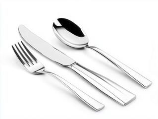 Silver cutlery set featuring a knife, fork, and spoon on a white background for elegant dining experiences