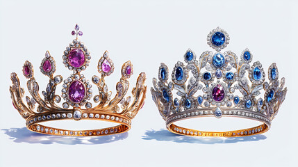 Magnificent and ornately designed royal crowns adorned with a dazzling array of precious gems and jewels including diamonds sapphires and rubies. Rainstone. Illustration