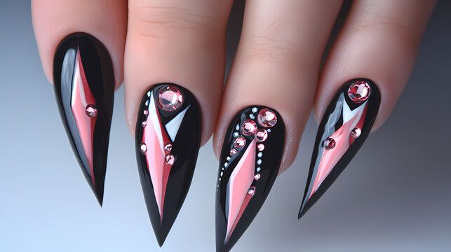 Luxurious nail art with black stiletto nails featuring pink and white geometric designs and rhinestone embellishments. Rainstone. Illustration