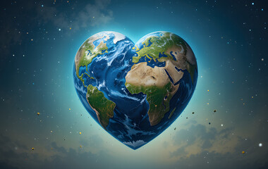 Naklejka premium Heart-shaped Earth symbolizing global love and environmental conservation, emphasizing the connection between humanity and the planet 