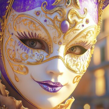 Un masque v&eacute;nitien orn&eacute; de d&eacute;tails dor&eacute;s et violets r&eacute;v&egrave;le un regard myst&eacute;rieux et captivant.